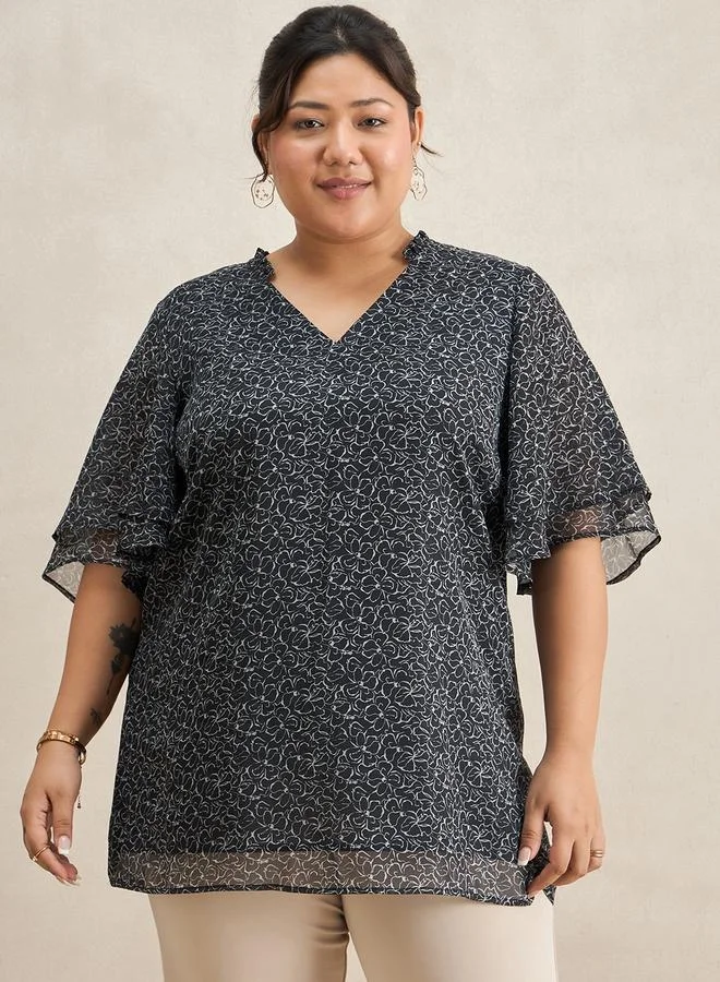 Femmella Plus Size Black Floral Print Tunic Top